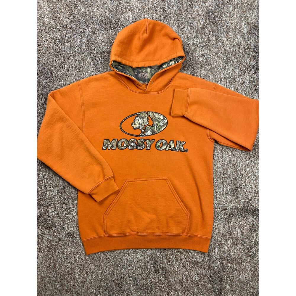 Mossy Oak Men Small Hoodie Sweatshirt Orange Fleece Camo Lining Pullover Pocket